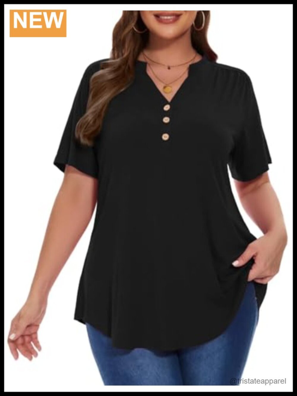 Plus Size Henley Tunic Top - Short Sleeve Button Down Pleated